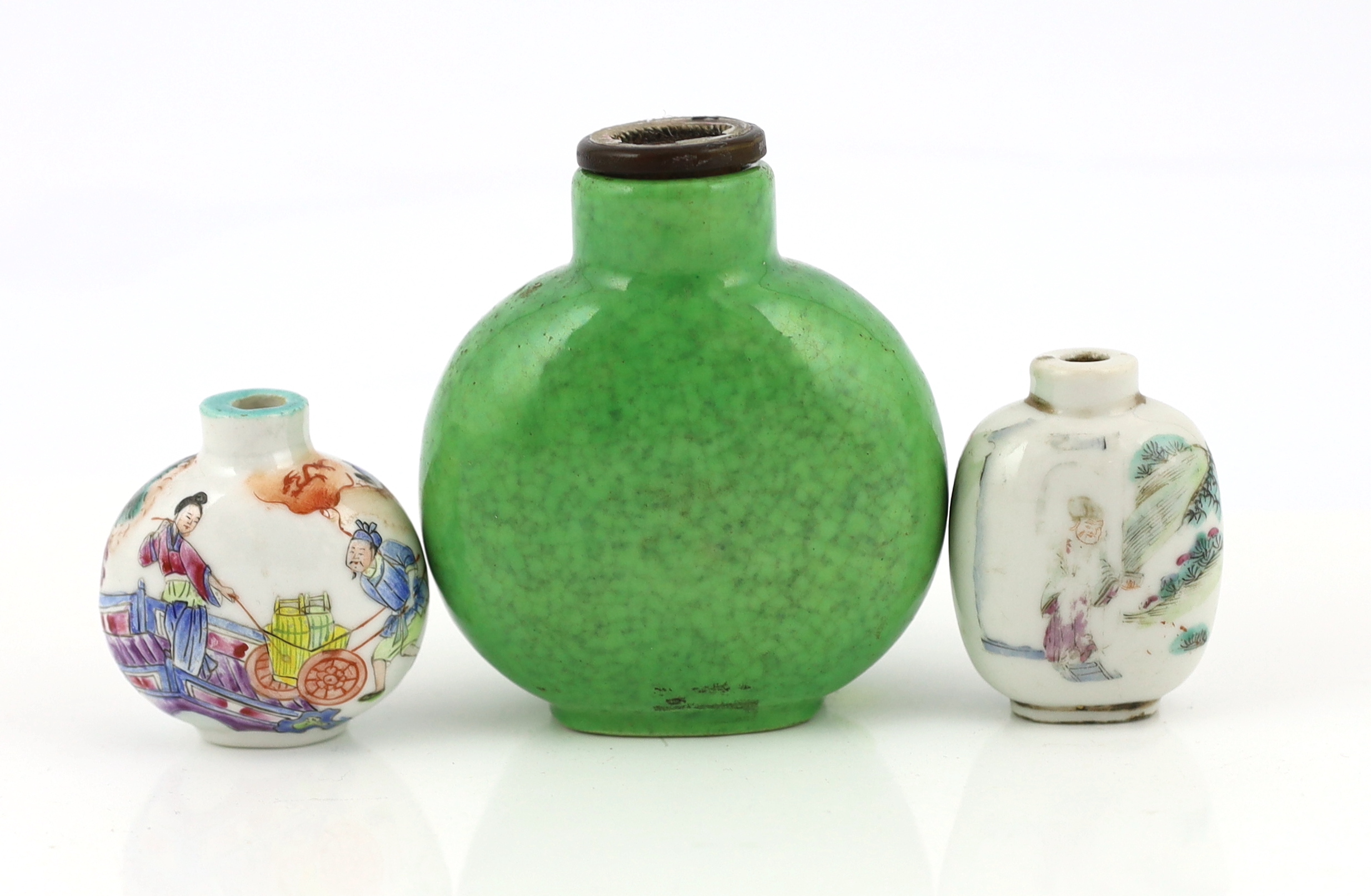 A large Chinese green crackle glazed snuff bottle, Daoguang mark and period, and three other 19th century porcelain snuff bottles